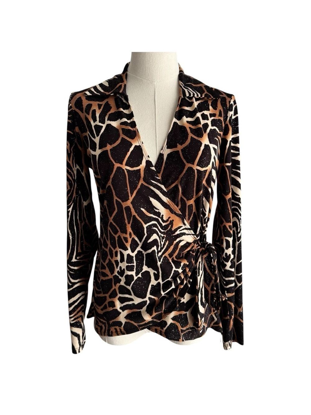 Vintage Y2K 2000s Animal Print Wrap Top Sz S Brown Giraffe Glitter Tie Waist EUC